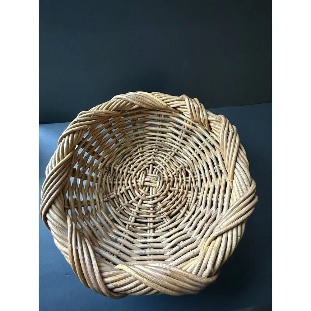 Handwoven Read Wicker Woven Round Basket Rattan Bowl Twisted Braided Cottagecore